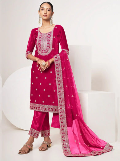 Dazzling Rani Pink Sequins Velvet Festival Wear Pant Suit With Dupatta